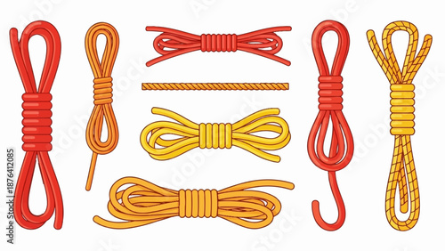 A collection of coiled ropes in vibrant red and yellow hues, arranged on a white background
