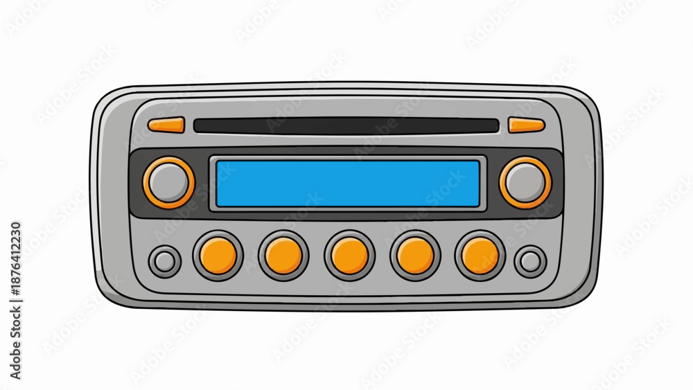 Fototapeta premium A cartoon car radio with a blue screen and orange buttons is depicted