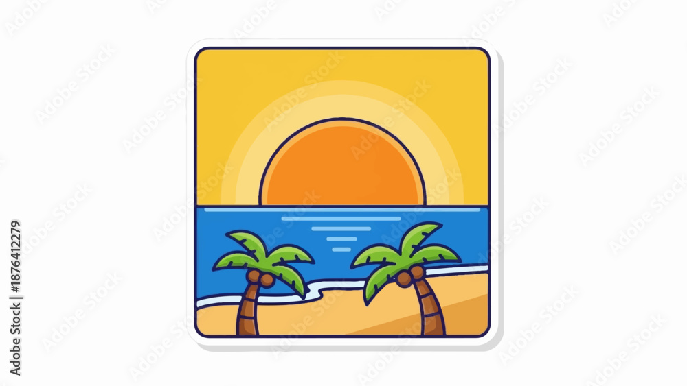 Naklejka premium A cartoon beach scene with a bright sun, blue ocean, sandy shore, and two palm trees