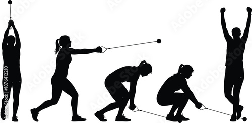 Hammer throw silhouette sequence, athletic motion illustration, black and white sports graphic, dynamic movement icon, track and field pose