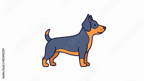 A cartoon dog stands profile against a white background, with a blue body and orange markings