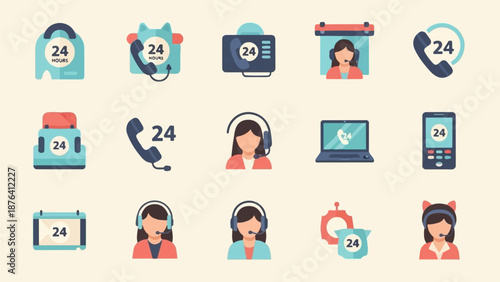 A collection of flat icons representing 24-hour service, including phones, laptops, and call center agents