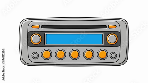 A cartoon car radio with a blue screen and orange buttons is depicted