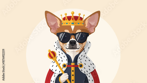A cartoon chihuahua dog wearing a crown, sunglasses, and royal robes, holding a scepter