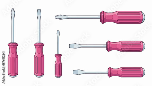 A collection of flat-head and Phillips head screwdrivers with pink handles
