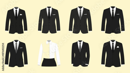 A collection of formal suits and one skirt suit on a light yellow background