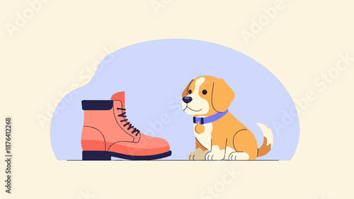 A cartoon beagle puppy sits near an orange boot against a light blue background
