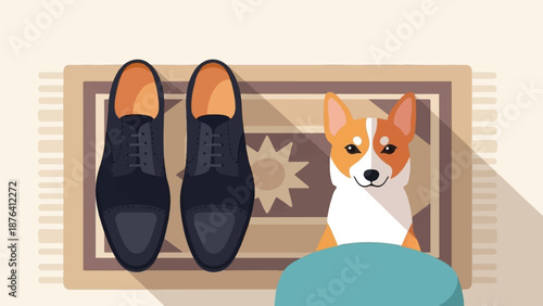 A cute dog sits next to a pair of elegant black dress shoes on a patterned rug
