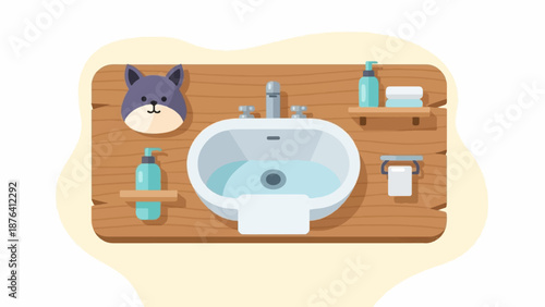 A cartoon bathroom sink with a dog-shaped decoration, soap dispensers, and towels on wooden shelves