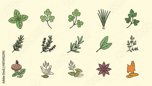 A collection of illustrated herbs, spices, and a whimsical animal on a muted yellow background