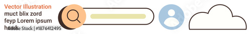 Online search, digital identity, cloud storage, web navigation, accessibility, technology concepts. Magnifying glass, profile icon and cloud graphic. Online search and digital identity