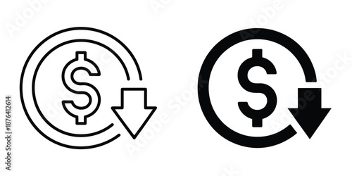 Cost reduction icon vector, featuring dollar decrease sign, profit decline symbol, and cost saving illustration on transparent background