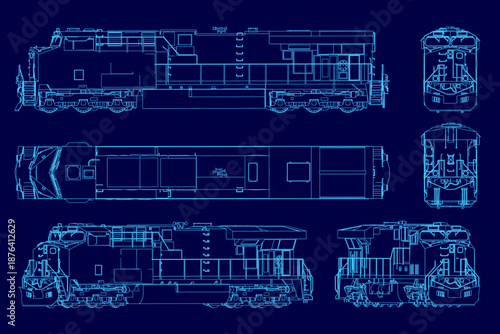 Detailed blueprint of a diesel locomotive on a blue background, featuring technical drawings of the engine, caboose, and mechanical components in a clean contour set.