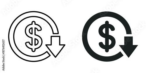 Cost reduction icon vector, showcasing financial decrease symbols with falling dollar sign, profit reduction concept, and clean vector style.