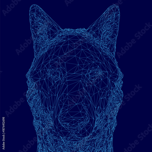 Polygonal wireframe wolf head with intricate geometric shapes and lines on a solid blue background. The design is abstract and digitally rendered.