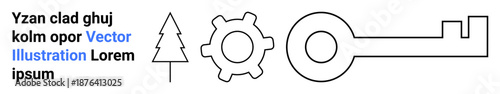 Nature, technology, security, mechanical systems, environmental engineering, conceptual designs. Black line art of a tree, gear and key in a row. Nature and technology