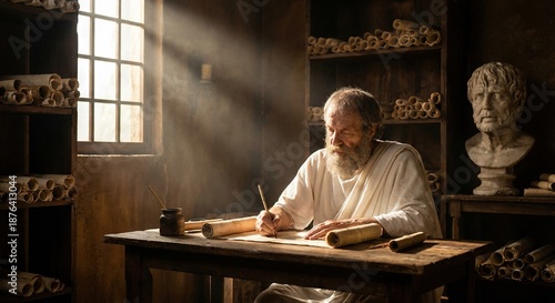 Atmospheric photorealistic Ancient Roman philosopher writing on a scroll in a sunlit study