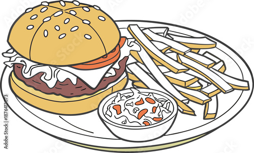 Delicious fried eggs and bacon served with fresh vegetables on a toasted sesame bun cheeseburger with grilled beef meat and lettuce for a hearty fast food lunch meal isolated on a white plate