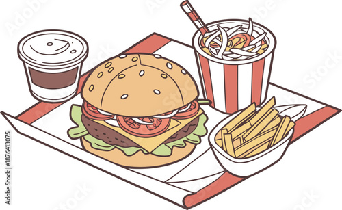 A set of fast food icons featuring a hamburger burger pizza and drink vector illustration with cheese and soda for a restaurant menu snack