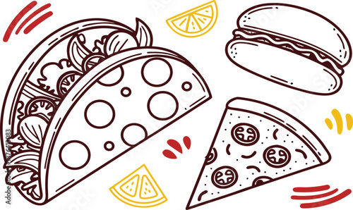 Delicious set of vector illustrations featuring hot italian pepperoni pizza slices with tasty cheese, tomato, and mushrooms for a pizzeria menu design