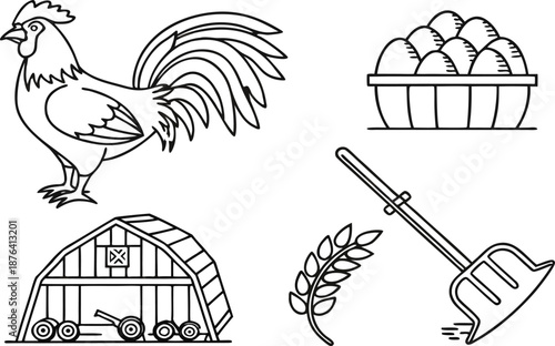 Vintage black silhouette illustration of a rooster and hen bird with wings in a nature design sketch