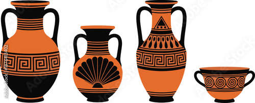 Ancient Greek pottery illustrations, traditional amphora and vase designs, classical ceramic art icons, decorative antique clay vessels, historical pottery pattern collection artwork