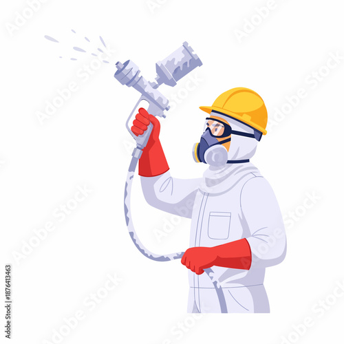 Person in protective suit and respirator mask using a spray gun for painting or industrial application.
