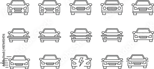 Car front view icon set, vehicle outline illustrations, automotive line symbols, fast car graphic, electric car icon, modern automobile design elements collection