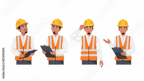 Four cartoon illustrations of a male construction worker or engineer in a hard hat and safety vest, holding a clipboard.