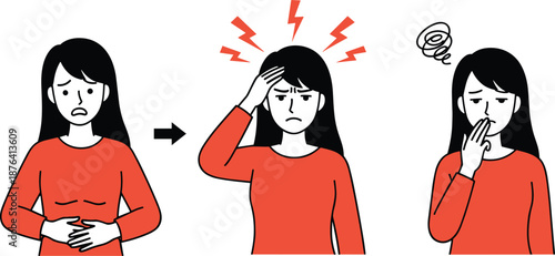 Woman feeling sick illustration, stomach pain symptoms, headache and nausea concept, health problem graphic, female discomfort expression, medical symptom awareness artwork