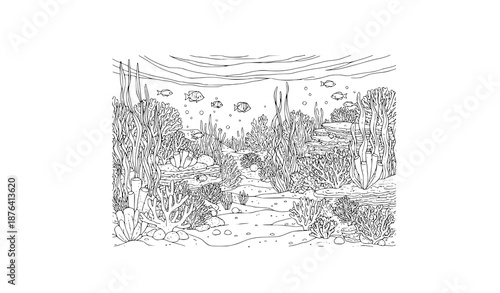 Panoramic underwater seabed with fish adult coloring book line art vector