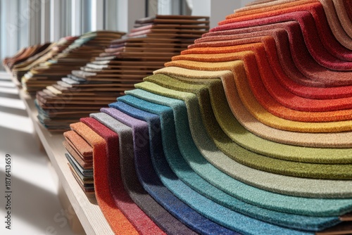 Vibrant spectrum of carpet swatches arranged in a curved fan on a neutral floor