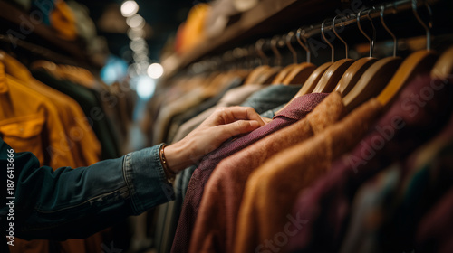 Person browsing clothes on rack in boutique