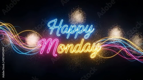 Neon Happy Monday Text Glows with Dynamic Light Trails in Cosmic Scene