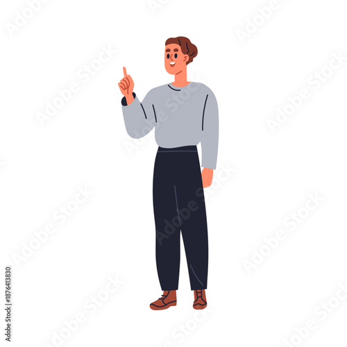 Man pointing up with index finger. Smiling happy male speaker gesturing, pres...