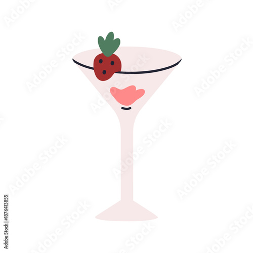 Strawberry cocktail in martini glass coupe. Sweet alcohol beverage with fresh berry garnish. Alcoholic drink in stemware, festive party wineglass. Flat vector illustration isolated on white background