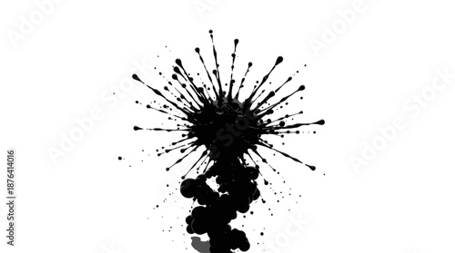 A dynamic black ink splatter with radiating droplets and a downward trail on a clean white background.