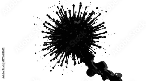 Abstract black ink splatter resembling a microscopic virus or bacteria on a clean white background.