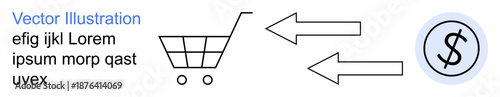 E-commerce, digital shopping, online transactions, payment systems, business concepts, financial operations. Shopping cart with arrows pointing to a dollar symbol. E-commerce and digital shopping