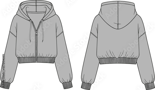 Technical fashion illustration of cropped hoodie with front and back views, zip closure, drawstring hood, garment template for apparel design or manufacturing specs.
