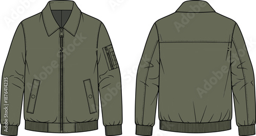 Technical flat sketch of green bomber jacket with zipper, flap pockets, sleeve details, front and back views for apparel design and garment constructionTechnical