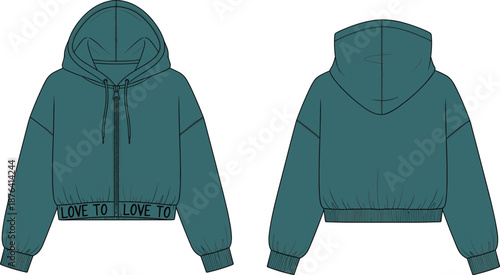 Technical fashion sketch of teal cropped hoodie with zipper, drawstring hood, printed waistband, front and back views for garment design and apparel template