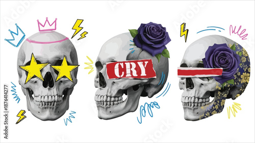 Grunge Halftone Skull Set – Doodle & Pop Art Skeletons in Y2K Punk Collage Style..