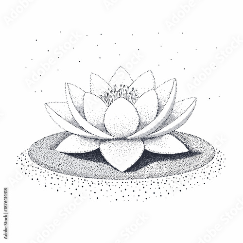 Detailed stipple art of a blooming lotus flower. Black and white dot illustration showcasing natural beauty and tranquility on a lily pad