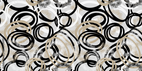 Abstract seamless vector pattern with bold overlapping circles in black, beige, and white on a light background. Modern, dynamic design perfect for fashion, fabric, and interior decor