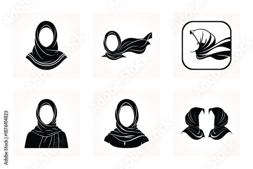 Modern Hijab Silhouette Vector Icon Set – Elegant Muslim Headscarf Graphic Illustrations