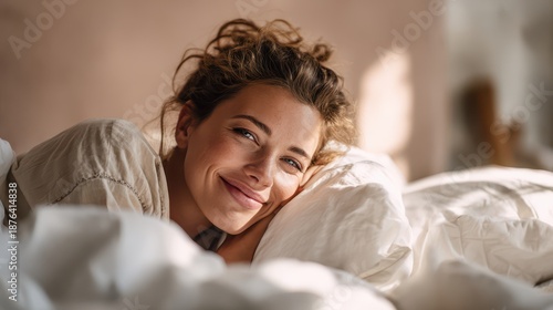 Wakeup smile in a sunlit bedroom: relaxed woman in bed