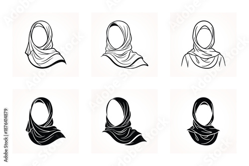 Professional Hijab Icon Vector Set - Elegant Muslim Woman Headscarf Line Art and Silhouettes