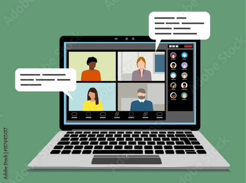 Laptop with a real-time video meeting application, Ongoing meeting with dialogs and presentation in a team. Simplified flat style. Vector Illustration