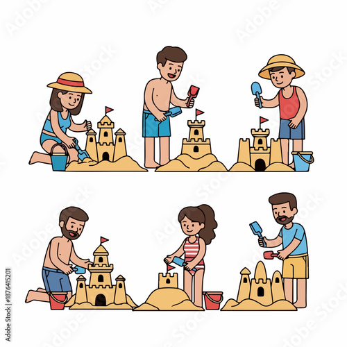 Summer beach activities set featuring people happily building elaborate sandcastles with shovels and buckets.